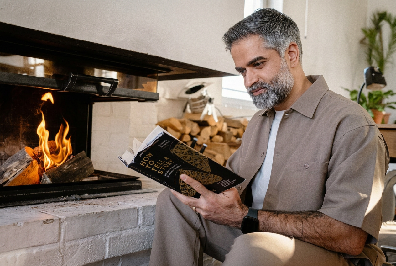 Vishal reading by a fireplace